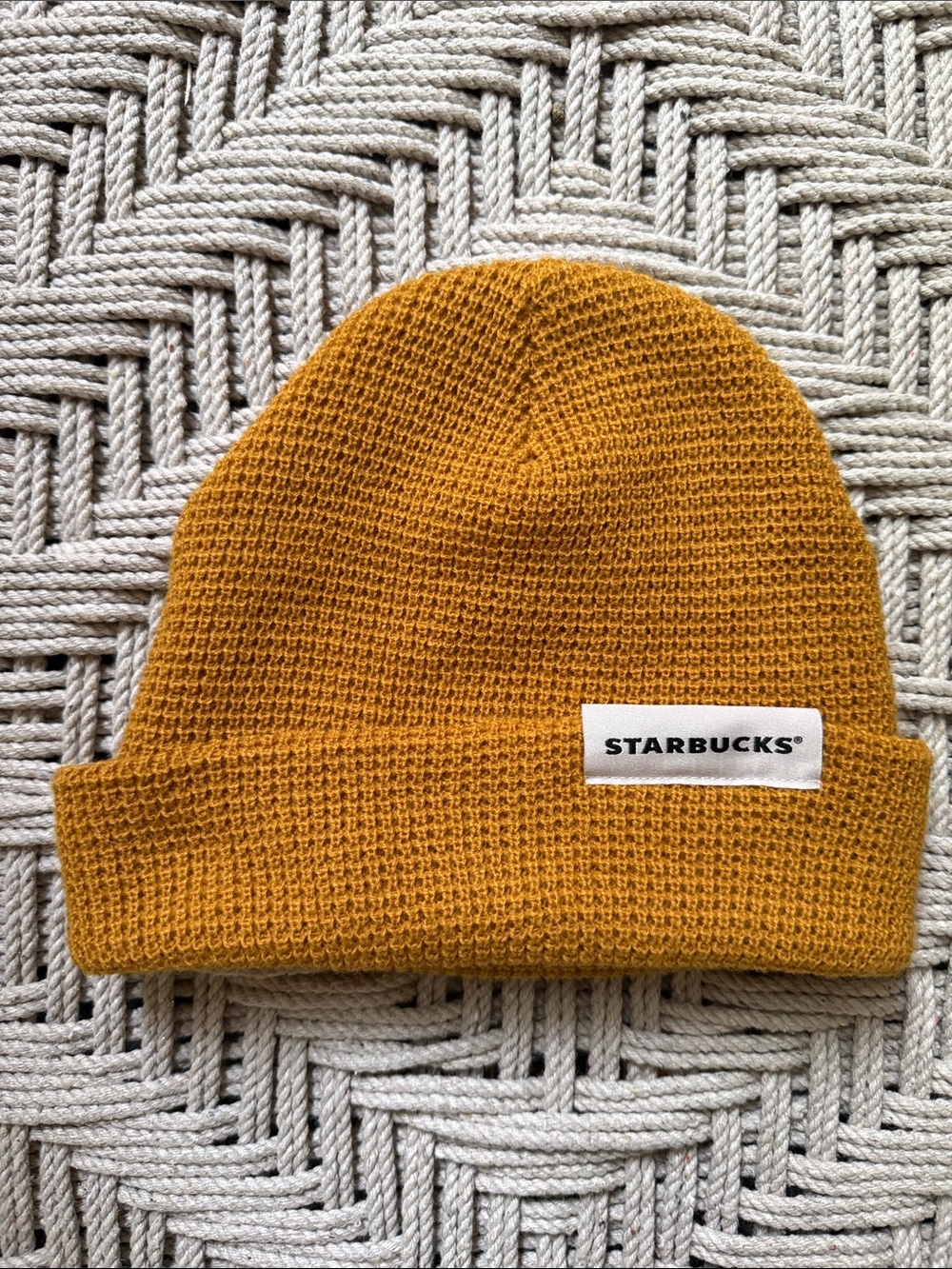 Starbucks Knit Beanie Hat Mustard Yellow Cuffed Logo Patch One Size